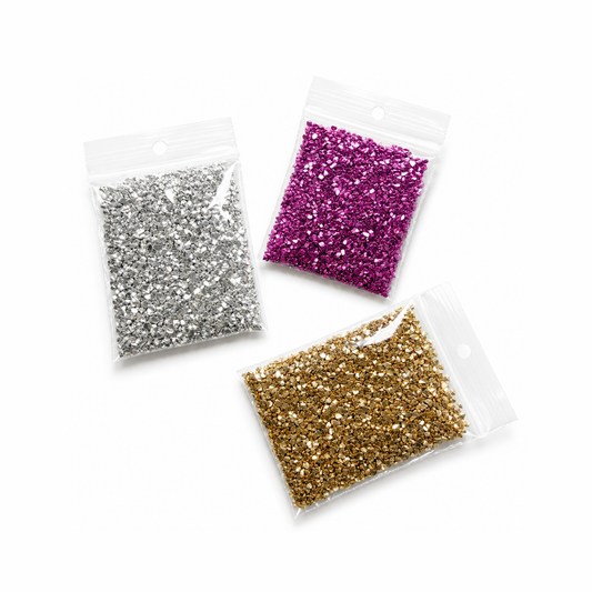 Zakjes crushed glass goud, zilver en roze