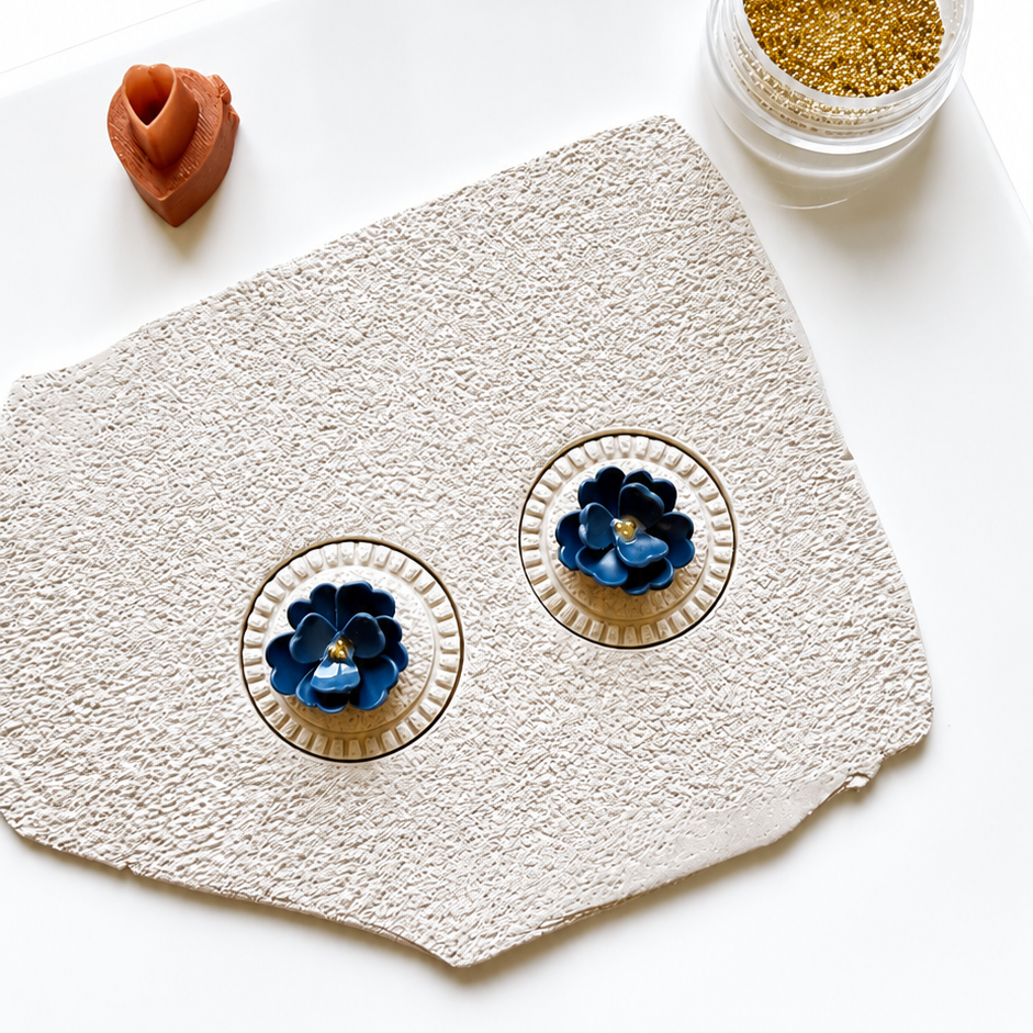 Lies cutter in polymeerklei gedrukt met blauwe bloemen