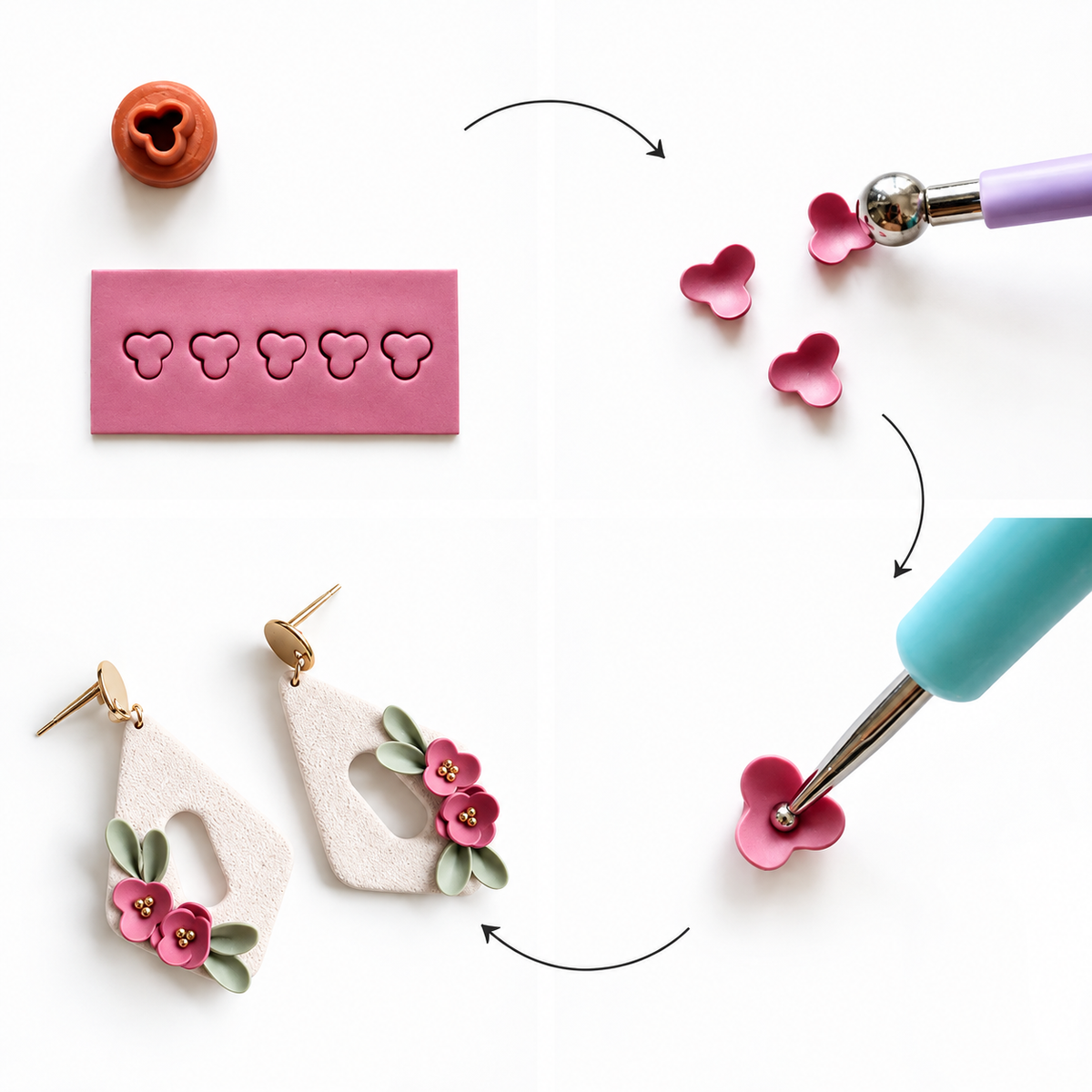 Stappen voor het maken van polymeerklei bloemen met de micro cutters 3 & 5 blaadjes